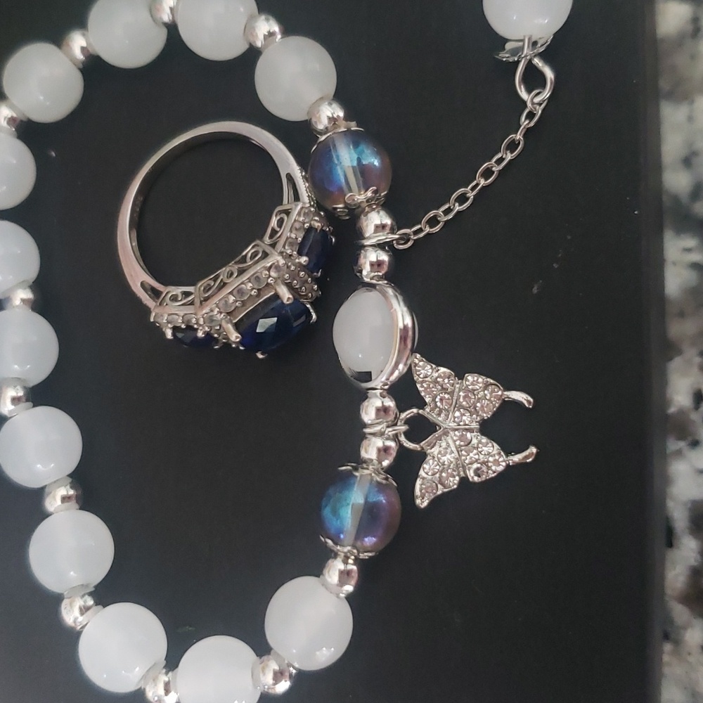 Bracelet with moonlight stones and hanging crystal butterfly and ring